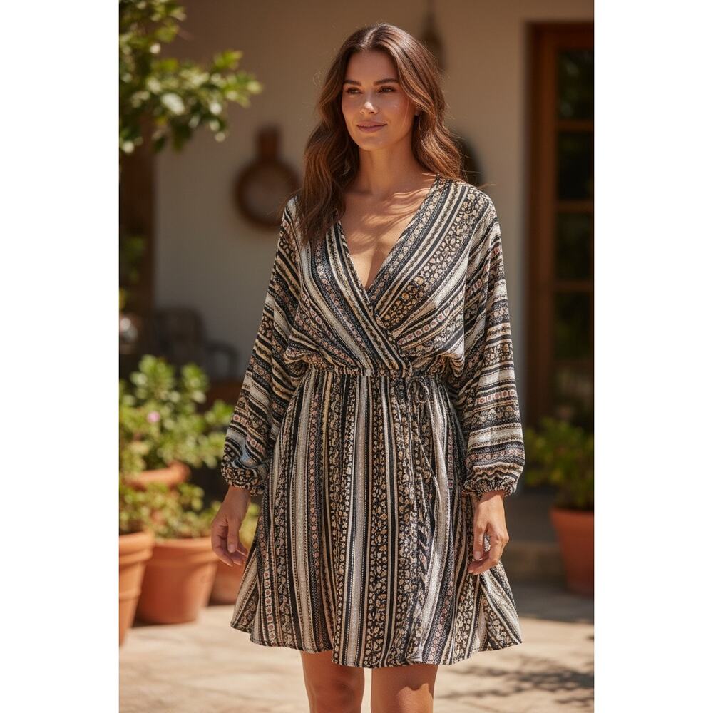 Haptics Boho Striped Dress Faux Wrap Black Tan Long Sleeves Pockets Women's 2X